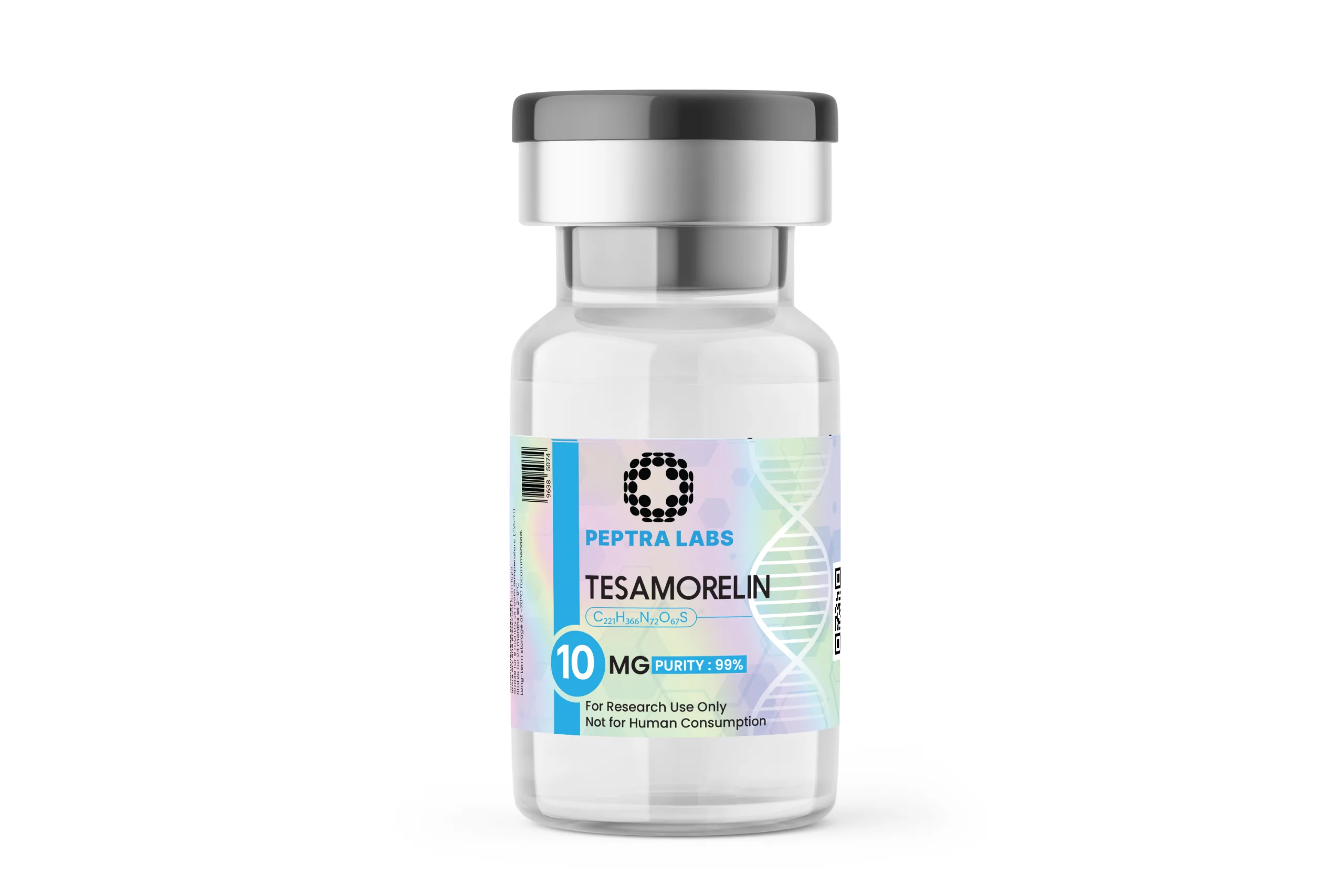 Tesamorelin 10 mg – fiolka z peptydem do badań, Peptra Labs Tesamorelin 10 mg – fiolka z peptydem do badań, czystość 99% na etykiecie, Peptra Labs