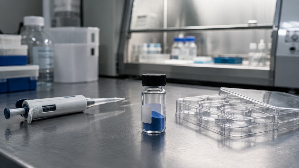 Mała opisana fiolka z niebieskim proszkiem na blacie laboratoryjnym, obok pipety i płytki do hodowli komórkowej, w otoczeniu badań GHK-Cu nad skórą.