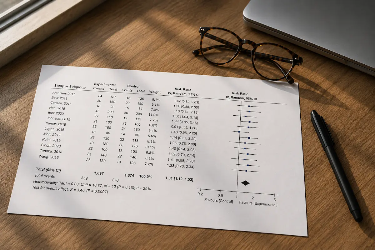 Wydrukowany forest plot z metaanalizy dotyczącej tirzepatide na biurku obok okularów do czytania.
