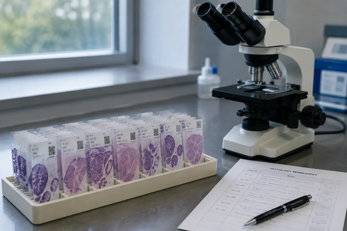 Barwione preparaty histologiczne wątroby na tacy obok mikroskopu, takie jak w badaniu semaglutydu w MASH.