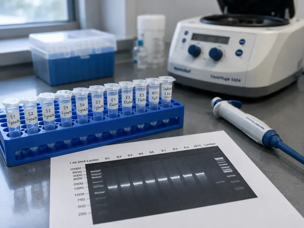 Statyw z opisanymi probówkami na blacie laboratoryjnym, z prac nad thymosin beta-4 w modelu zapalenia jelit.