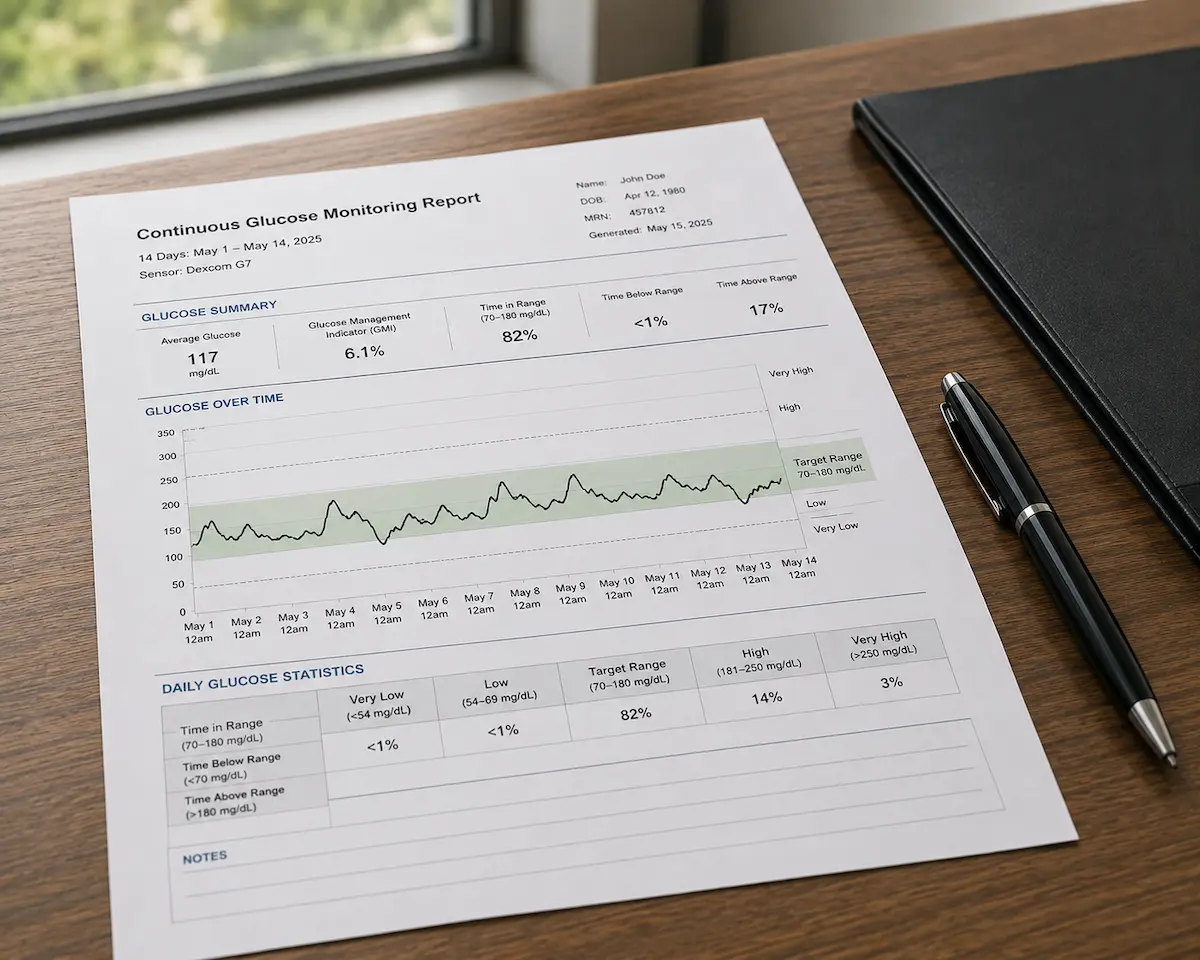 A continuous glucose monitor readout printed on a desk, of the kind used in the avexitide trial.