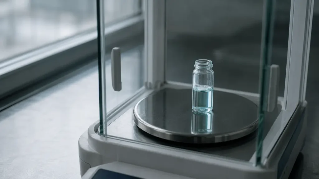 A glass vial of pale blue solution on an analytical balance pan, of the kind used when weighing GHK-Cu for laboratory work.