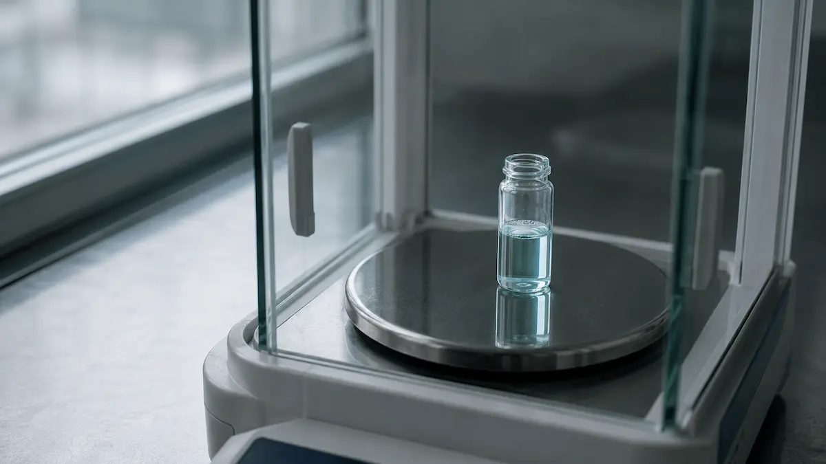 A glass vial of pale blue solution on an analytical balance pan, of the kind used when weighing GHK-Cu for laboratory work.