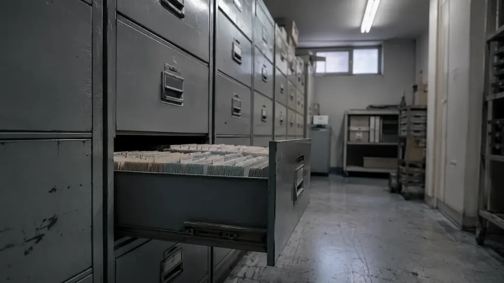 A half-open drawer in a clinical records room, of the kind holding the charts behind a retrospective semaglutide cohort study.