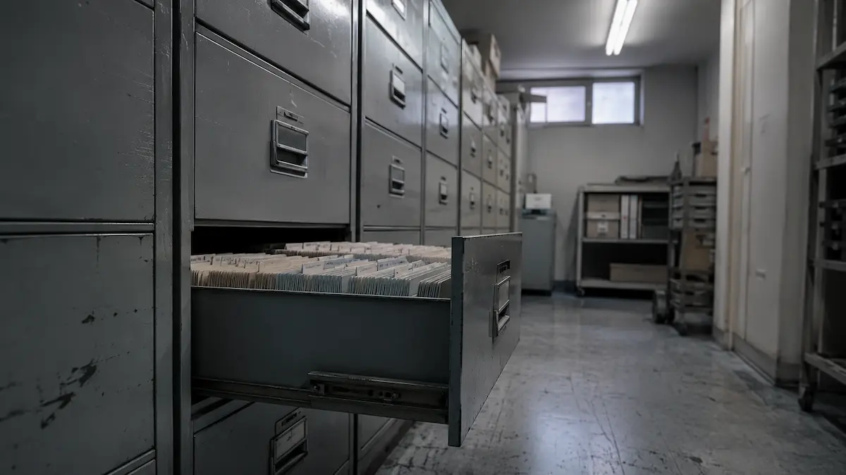 A half-open drawer in a clinical records room, of the kind holding the charts behind a retrospective semaglutide cohort study.