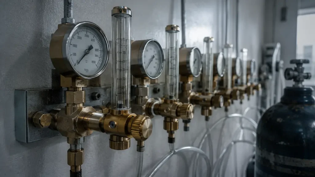 A gas manifold and flow meters on a laboratory wall, of the kind feeding the indirect calorimetry used to measure energy expenditure.