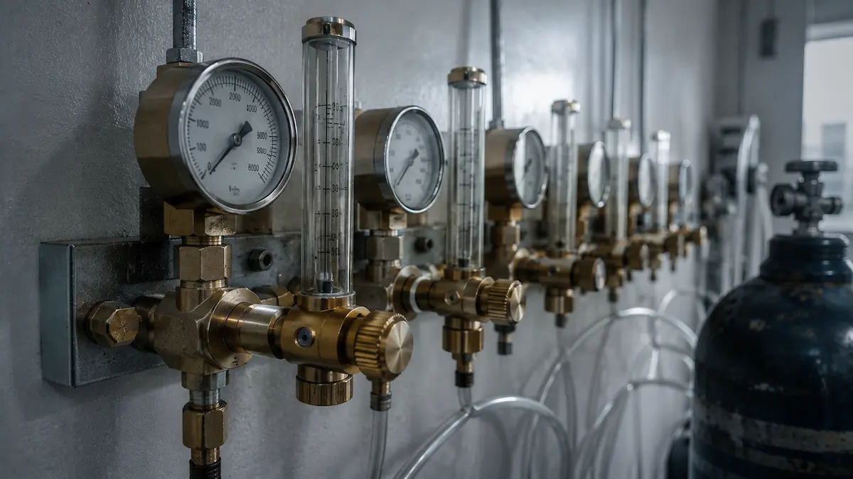 A gas manifold and flow meters on a laboratory wall, of the kind feeding the indirect calorimetry used to measure energy expenditure.