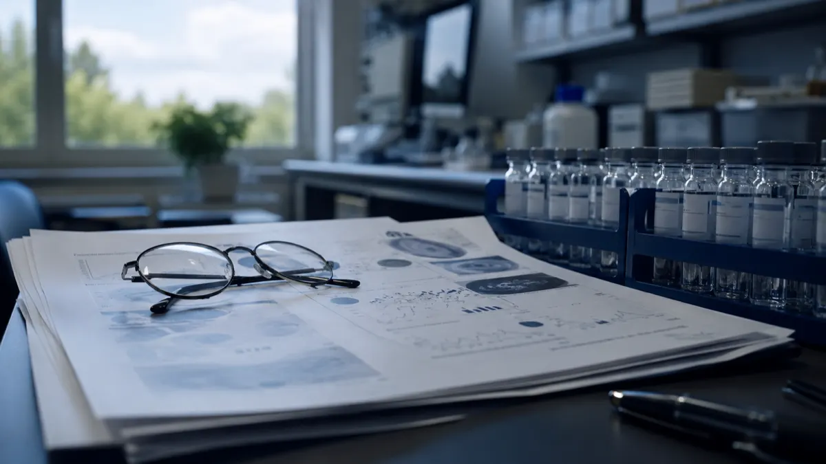 Wydrukowane strony przeglądu naukowego na biurku laboratoryjnym obok statywu z opisanymi fiolkami badawczymi