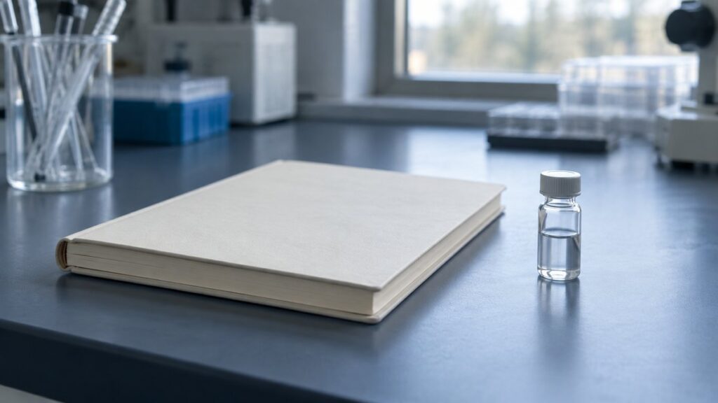 Porównanie tirzepatide i semaglutide przedstawione za pomocą fiolki badawczej i notatnika laboratoryjnego