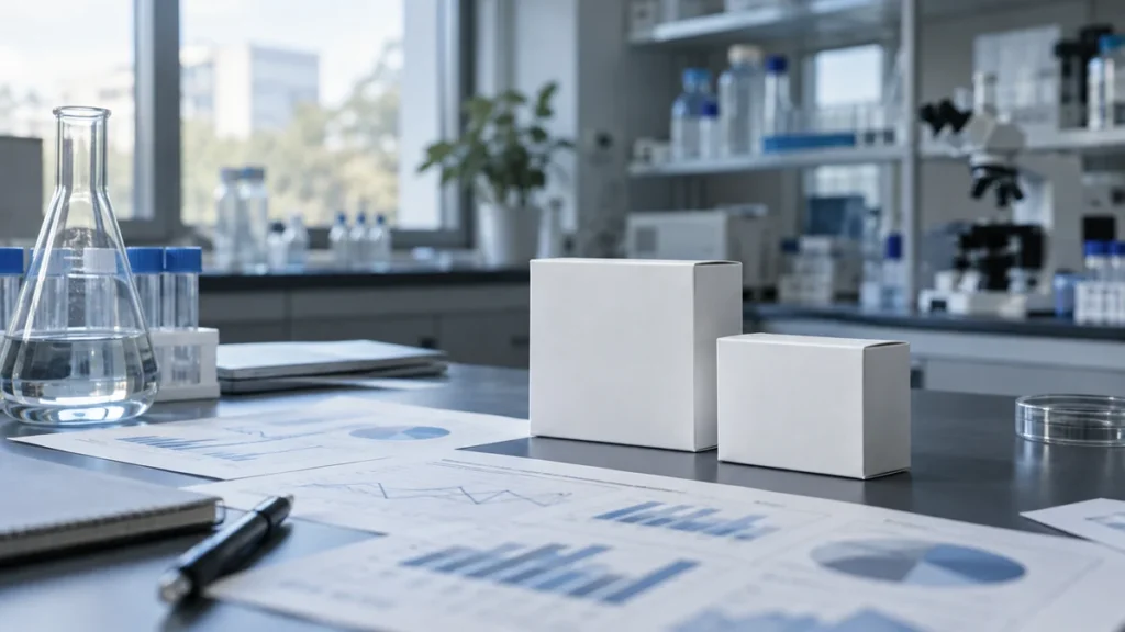 Dwa nieoznakowane pojemniki badawcze i wykresy porównawcze na biurku laboratoryjnym